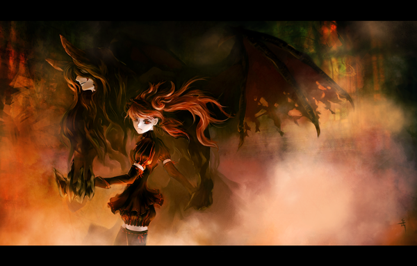 Anime picture 1280x815 with sound horizon shaytan layla archlich long hair red eyes brown hair red hair horn (horns) demon girl thighhighs dress gloves ribbon (ribbons) wings elbow gloves claws
