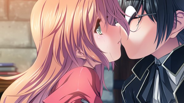 Anime picture 1280x720 with hyakka ryouran elixir senomoto hisashi long hair short hair black hair wide image green eyes game cg orange hair couple tears kiss girl boy glasses