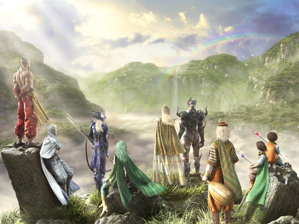 Anime picture 1440x1080 with final fantasy final fantasy iv square enix rydia cecil harvey rosa farrell cain highwind sky cloud (clouds) official art mountain nature waterfall 3d everyone water rainbow palom porom yang fang leiden