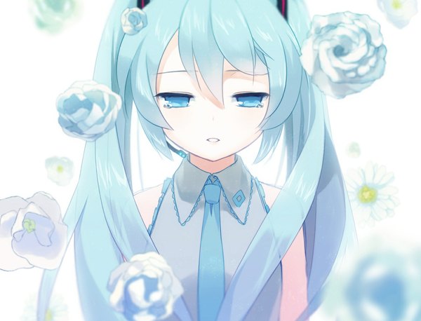 Anime picture 1181x903 with vocaloid hatsune miku haruwakame single long hair open mouth blue eyes twintails bare shoulders aqua hair sleeveless tears girl flower (flowers) necktie rose (roses) microphone chamomile