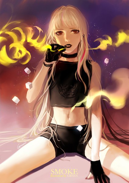 Anime picture 1000x1414 with original green (pixiv) single long hair tall image looking at viewer fringe blonde hair red eyes sitting signed inscription bare belly sleeveless lipstick smoke smoking black lipstick girl gloves