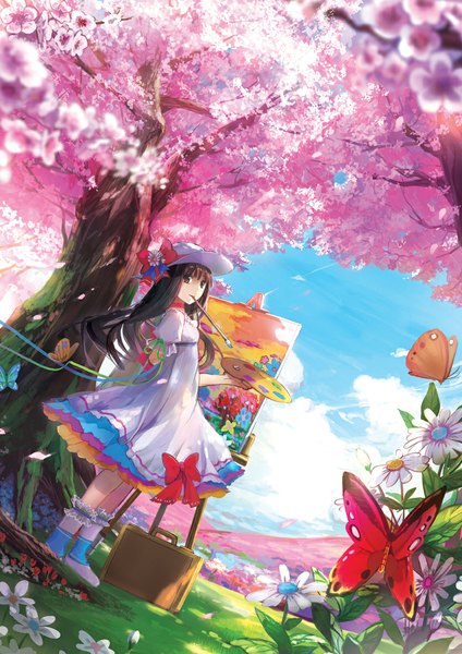 Anime picture 835x1181 with original mimi n (futarinokizuna) single long hair tall image black hair smile holding brown eyes sky cloud (clouds) looking back mouth hold cherry blossoms girl dress flower (flowers) ribbon (ribbons) plant (plants) hat