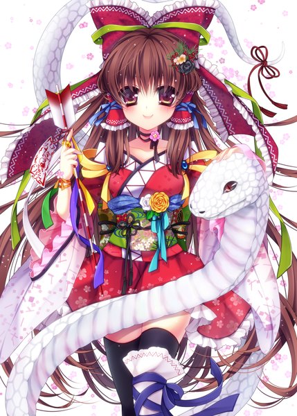 Anime picture 1200x1679 with touhou hakurei reimu mikazuki sara single long hair tall image looking at viewer blush smile red eyes brown hair traditional clothes girl thighhighs bow ribbon (ribbons) black thighhighs hair bow arrow (arrows) snake