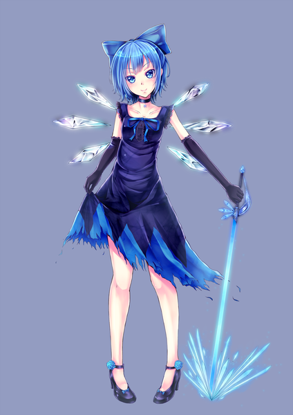 Anime picture 1413x2000 with touhou cirno dabadhi single tall image short hair blue eyes simple background blue hair torn clothes girl dress gloves bow weapon hair bow sword wings elbow gloves crystal