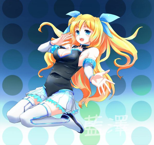 Anime picture 1200x1129 with microsoft aizawa hikaru haya-g single long hair open mouth blue eyes blonde hair cleavage girl detached sleeves