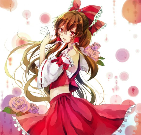 Anime picture 1000x958 with touhou hakurei reimu nonoharak single long hair looking at viewer open mouth red eyes brown hair bare shoulders girl skirt hair ornament flower (flowers) bow ribbon (ribbons) hair bow hair ribbon skirt set hair tubes