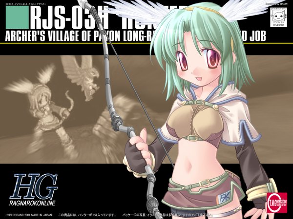 Anime picture 1600x1200 with ragnarok online hunter (ragnarok online) ishihara masumi single looking at viewer short hair open mouth red eyes :d green hair midriff copyright name head wings girl skirt gloves navel weapon miniskirt wings