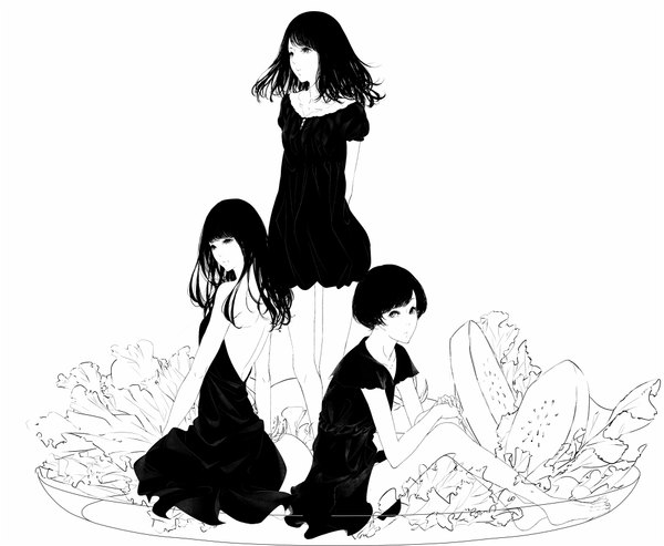 Anime picture 1000x822 with original sousou (sousouworks) long hair looking at viewer short hair black hair simple background standing white background sitting bare shoulders multiple girls looking away barefoot back monochrome girl dress black dress pendant