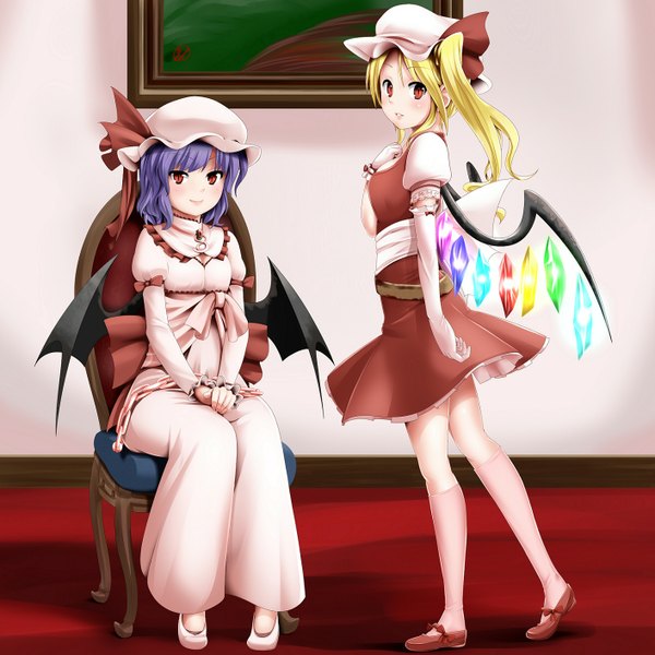 Anime picture 1411x1411 with touhou flandre scarlet remilia scarlet miki plus blonde hair red eyes multiple girls purple hair one side up bat wings girl 2 girls wings chair picture
