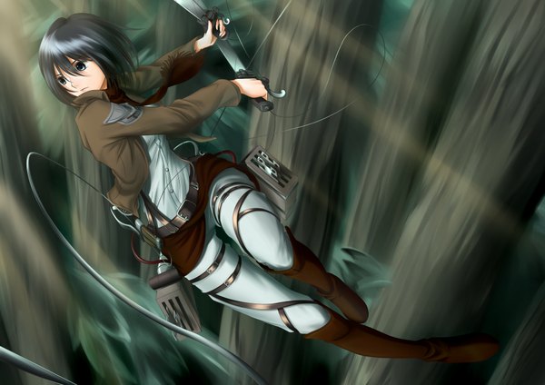 Anime picture 3507x2480 with shingeki no kyojin production i.g mikasa ackerman parper200 single highres short hair blue eyes black hair holding absurdres open clothes open jacket dual wielding girl weapon plant (plants) sword tree (trees) boots