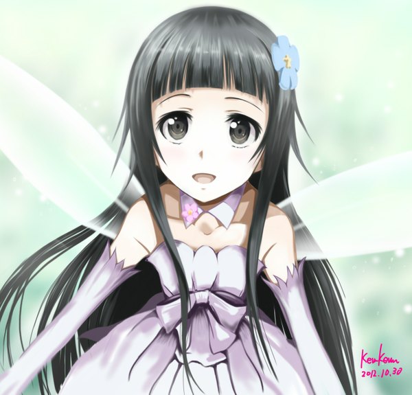 Anime picture 1333x1279 with sword art online a-1 pictures yui (sao) kem kem single long hair looking at viewer fringe open mouth black hair signed hair flower black eyes fairy girl dress hair ornament detached sleeves wings