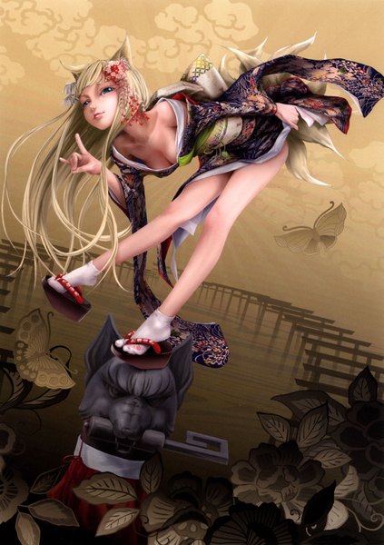 Anime picture 2209x3136 with original pixiv girls collection 2011 pi (pppppchang) single long hair tall image highres breasts blue eyes light erotic blonde hair animal ears absurdres sky cleavage cloud (clouds) japanese clothes hair flower realistic legs