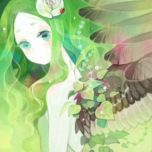 Anime picture 1000x1000 with coccinellidae original utako (maris) single long hair looking at viewer blush bare shoulders hair flower aqua eyes green hair from behind back pale skin black wings green background girl hair ornament flower (flowers) plant (plants)