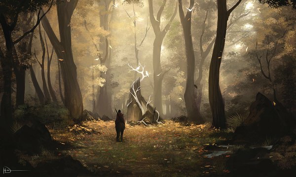 Anime picture 1024x614 with ninjatic single wide image signed silhouette ambiguous gender plant (plants) animal tree (trees) bird (birds) leaf (leaves) forest stone (stones) bushes horse