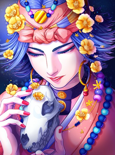 Anime picture 1200x1622 with golden kamuy inkarmat maeba izumi single tall image short hair blue hair upper body nail polish traditional clothes hair flower lipstick looking down red lipstick red nail polish ainu clothes girl flower (flowers) earrings hairband