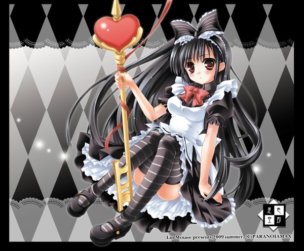 Anime picture 1814x1500 with minase lin long hair highres black hair red eyes lolita fashion girl thighhighs dress bow hair bow heart striped thighhighs staff
