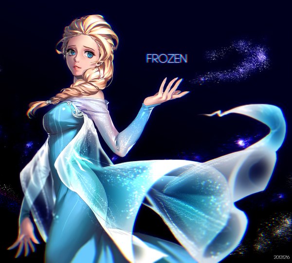 Anime picture 1500x1348 with frozen (disney) disney elsa (frozen) zombeing single long hair breasts blue eyes simple background blonde hair standing bare shoulders looking away braid (braids) arm up lips copyright name outstretched arm magic single braid
