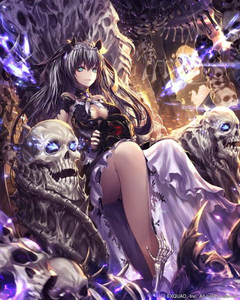 Anime picture 640x800 with dragon's shadow wanke single long hair tall image looking at viewer fringe breasts blue eyes light erotic hair between eyes sitting twintails holding cleavage ahoge bent knee (knees) nail polish fingernails grey hair