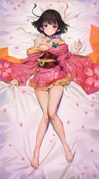 Anime picture 2800x5025 with koutetsujou no kabaneri wit studio mumei (kabaneri) yd (orange maru) single tall image looking at viewer blush fringe highres short hair breasts light erotic red eyes brown hair large breasts bare shoulders signed full body lying