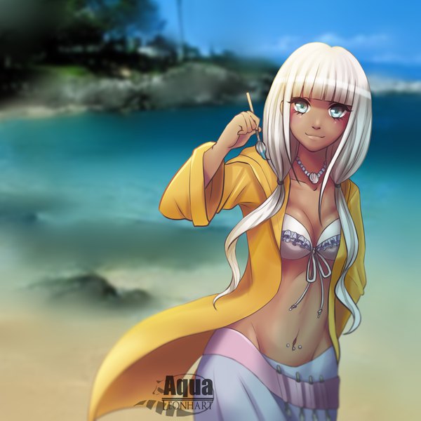Anime picture 1000x1000 with dangan ronpa new danganronpa v3 yonaga angie aqualeonhart single long hair looking at viewer blush fringe light erotic smile twintails white hair blunt bangs arm up wide sleeves piercing low twintails dark skin groin