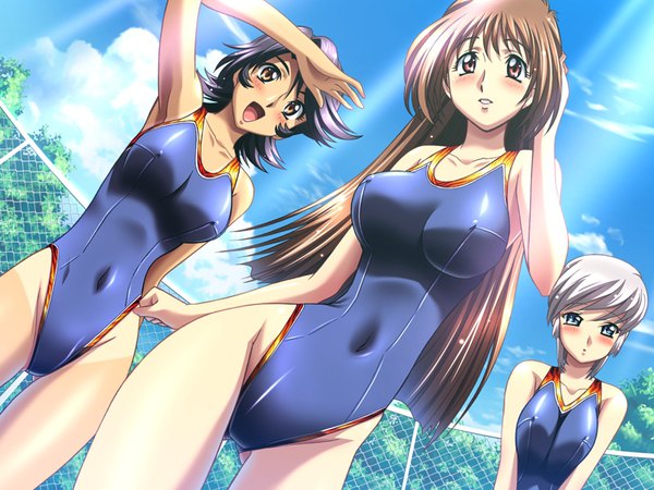 Anime picture 800x600 with ano machi no koi no uta irina enomoto kamishima tomoko shiho katahira kimura takahiro long hair blush short hair breasts open mouth blue eyes light erotic black hair brown hair large breasts multiple girls brown eyes game cg sky silver hair