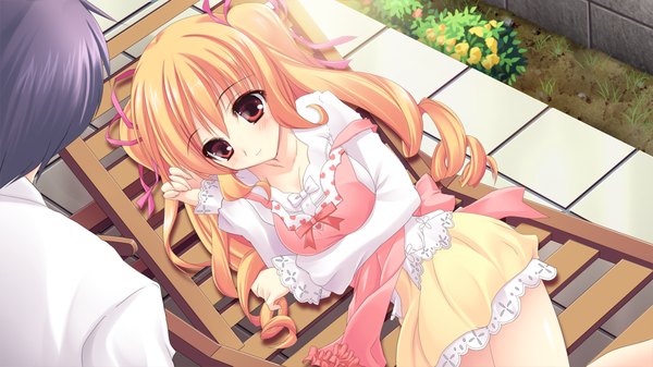 Anime picture 1280x720 with strawberry feels long hair blush red eyes wide image game cg lying orange hair drill hair girl dress ribbon (ribbons) hair ribbon