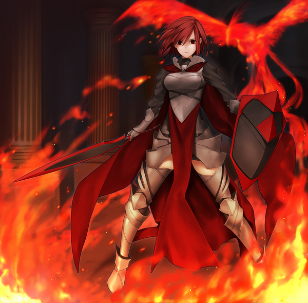 Anime picture 1200x1181 with pixiv fantasia wizard and knight maco single short hair red eyes red hair girl weapon sword fire shield phoenix
