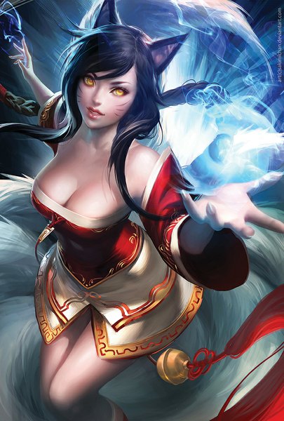 Anime picture 676x1000 with league of legends ahri (league of legends) sakimichan single long hair tall image looking at viewer light erotic black hair bare shoulders animal ears yellow eyes tail animal tail realistic fox ears magic facial mark fox tail fox girl