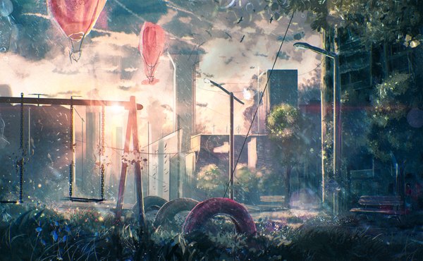 Anime picture 2000x1235 with sylar113 highres wide image sky cloud (clouds) outdoors sunlight no people sunbeam street destruction morning sunrise flower (flowers) plant (plants) building (buildings) chain grass sun lantern