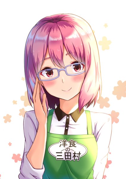 Anime picture 1000x1416 with shokugeki no soma j.c. staff arato hisako profnote single tall image looking at viewer blush fringe short hair smile hair between eyes white background pink hair upper body long sleeves head tilt pink eyes floral background adjusting glasses