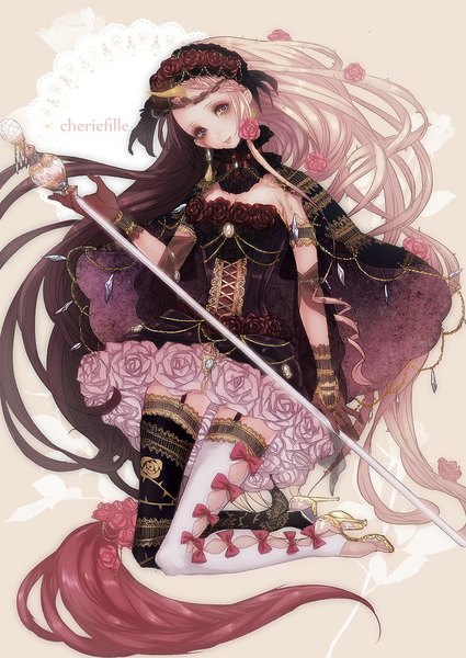 Anime picture 800x1130 with original pixiv genealogy of life niwa torico tall image looking at viewer blonde hair brown hair very long hair multicolored hair hair flower horn (horns) black eyes inscription two-tone hair high heels kneeling lacing girl thighhighs dress