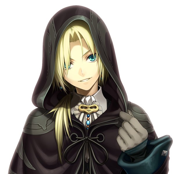 Anime picture 1000x1000 with final fantasy final fantasy ix square enix zidane tribal chimachi single long hair looking at viewer fringe simple background blonde hair white background upper body parted lips head tilt aqua eyes hair over one eye low ponytail adjusting hood boy