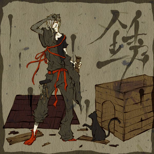 Anime picture 1599x1599 with original shuu iori (artist) single fringe grey hair hair over one eye grey background framed texture boy animal cat bandage (bandages) roof hammer