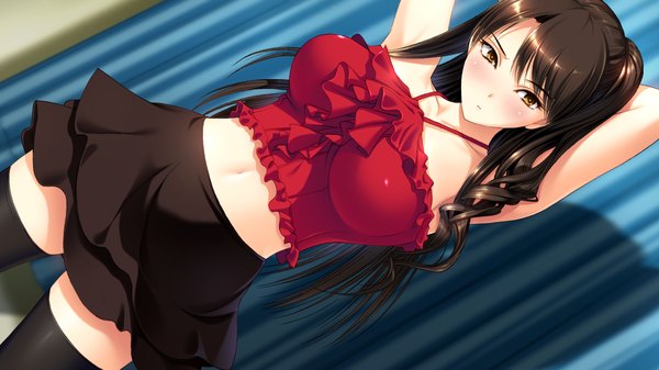 Anime picture 1280x720 with ai shimai iv fujimura manami ichikawa saasha single long hair looking at viewer blush breasts black hair wide image large breasts brown eyes game cg ponytail bare belly embarrassed side ponytail arms behind head girl thighhighs