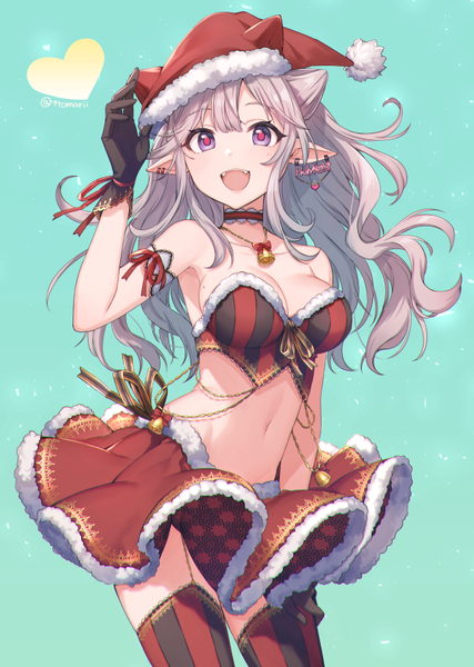 Anime picture 600x843 with original tomari (veryberry00) single long hair tall image looking at viewer blush breasts open mouth light erotic simple background smile red eyes purple eyes signed cleavage silver hair :d horn (horns) pointy ears