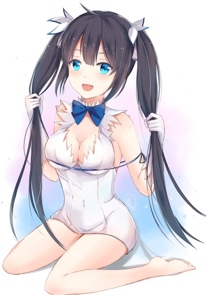 Anime picture 840x1200 with dungeon ni deai wo motomeru no wa machigatteiru darou ka j.c. staff hestia (danmachi) konka single long hair tall image looking at viewer open mouth blue eyes light erotic black hair twintails cleavage full body rei no himo girl dress gloves bow