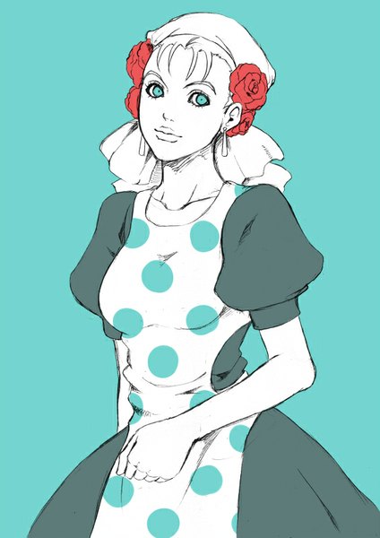 Anime picture 566x800 with jojo no kimyou na bouken suzi q chounorin single tall image simple background looking away aqua eyes light smile polka dot aqua background partially colored girl flower (flowers) earrings rose (roses) red rose headscarf