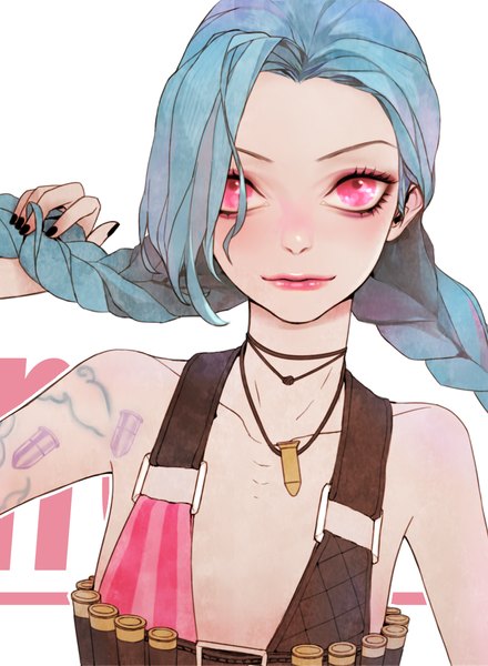 Anime picture 867x1181 with league of legends jinx (league of legends) heather37 single long hair tall image looking at viewer breasts white background blue hair braid (braids) nail polish pink eyes tattoo twin braids flat chest black nail polish girl pendant bikini top