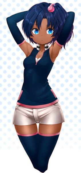 Anime picture 496x1050 with sd gundam g generation rachel ransom zizi (zz22) single tall image blue eyes standing bare shoulders blue hair looking away zettai ryouiki dark skin arms behind head girl thighhighs detached sleeves shorts short shorts white shorts
