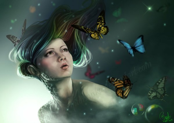 Anime picture 1024x724 with raptorzysko single long hair blush open mouth bare shoulders signed multicolored hair green hair nude lips black eyes realistic grey background girl insect butterfly bubble (bubbles)