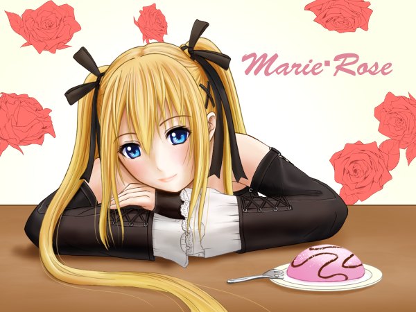 Anime picture 1200x900 with dead or alive dead or alive 5 marie rose imama single long hair looking at viewer blush blue eyes blonde hair smile twintails character names girl flower (flowers) ribbon (ribbons) hair ribbon sweets rose (roses) cake