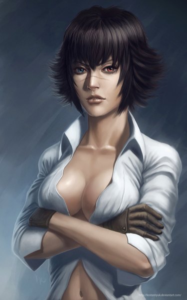 Anime picture 813x1300 with devil may cry lady (devil may cry) kostanryuk single tall image short hair breasts blue eyes light erotic black hair red eyes cleavage lips realistic heterochromia coloring scar crossed arms girl gloves