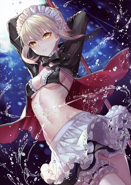 Anime picture 2000x2828 with fate (series) fate/grand order artoria pendragon (all) artoria pendragon (alter swimsuit rider) (fate) terai (teraimorimori) single tall image looking at viewer blush fringe highres short hair light erotic blonde hair hair between eyes yellow eyes payot outdoors long sleeves parted lips
