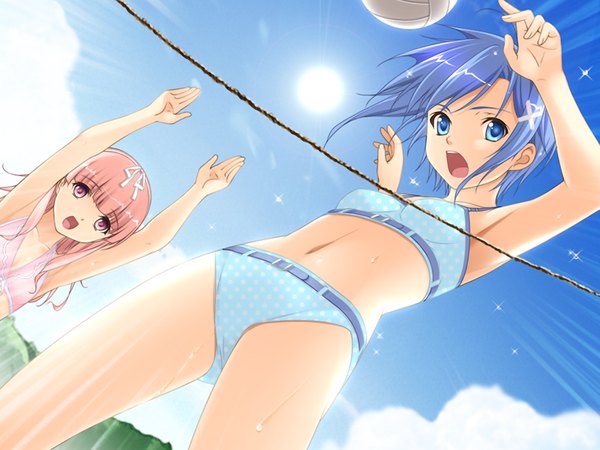 Anime picture 1024x768 with fluorite memories long hair short hair open mouth blue eyes multiple girls blue hair pink hair game cg pink eyes volleyball girl 2 girls swimsuit ball volleyball ball