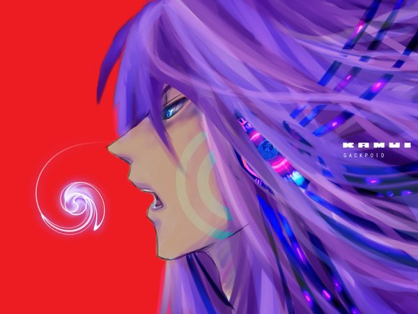 Anime picture 1024x768 with vocaloid kamui gakupo single long hair open mouth blue eyes purple hair boy headphones unibouzu