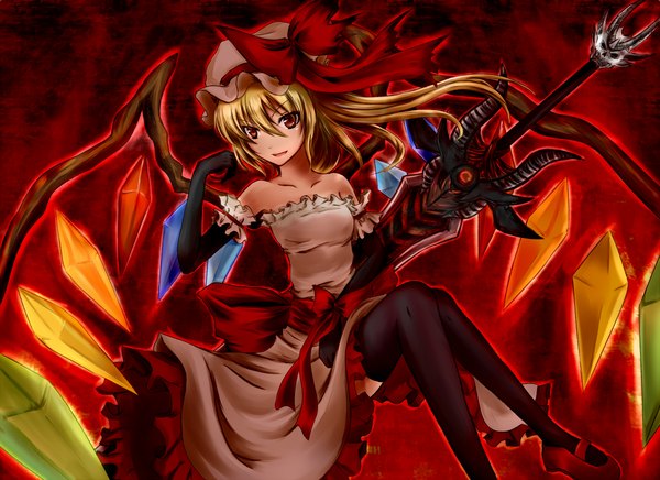 Anime picture 1200x872 with touhou flandre scarlet serushisu single long hair blonde hair smile red eyes side ponytail girl thighhighs dress gloves weapon black thighhighs hat sword wings elbow gloves strapless dress