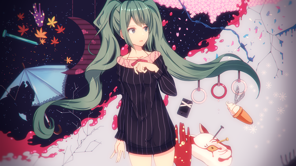 Anime picture 1280x720 with vocaloid hatsune miku shimashima long hair open mouth wide image twintails aqua eyes aqua hair girl flower (flowers) petals food sweets leaf (leaves) umbrella mask mobile phone ice cream