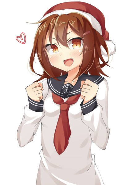 Anime picture 612x859 with kantai collection ikazuchi destroyer kankitsunabe (citrus) single long hair tall image looking at viewer blush fringe open mouth simple background smile brown hair standing white background :d arm up orange eyes fang (fangs) happy