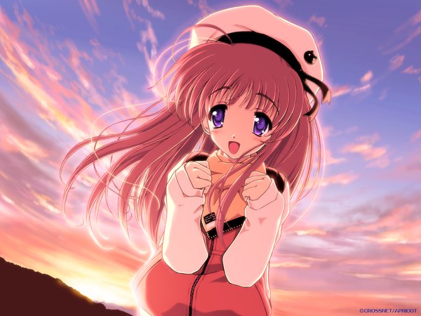 Anime picture 1600x1200 with maple colors akiho momiji single long hair looking at viewer blush open mouth smile pink hair sky cloud (clouds) :d wind evening sunset winter girl scarf beret