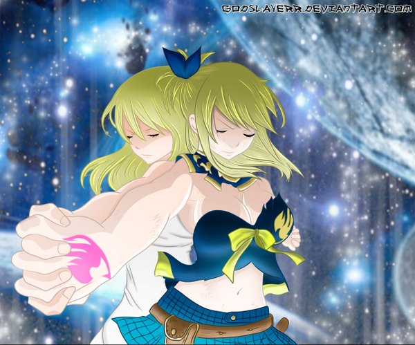 Anime picture 2568x2139 with fairy tail lucy heartfilia godslayerr long hair highres blonde hair eyes closed midriff tattoo coloring holding hands back to back dual persona girl navel bow hair bow miniskirt star (stars) planet